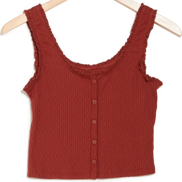 MAUBY Ribbed Ruffled Knit Cropped Button Front Tank Rust Size L - Picture 3 of 3